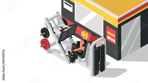 Isometric gym equipment scene: woman using leg press machine