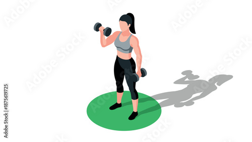 Isometric fitness woman lifting dumbbells in workout pose on green mat