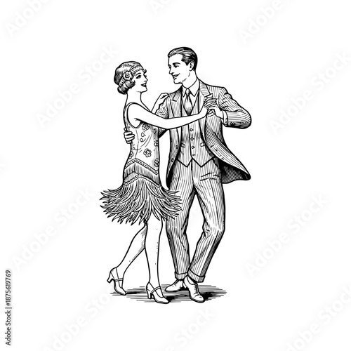 Roaring twenties dancer couple engraving.