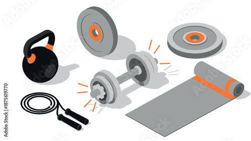 Isometric fitness equipment: kettlebell, dumbbell, and gym accessories