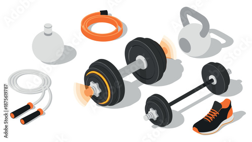 Isometric gym equipment set with dumbbells, kettlebell, and jump rope