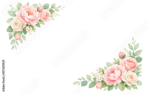 Elegant floral border with pink and white roses on white background