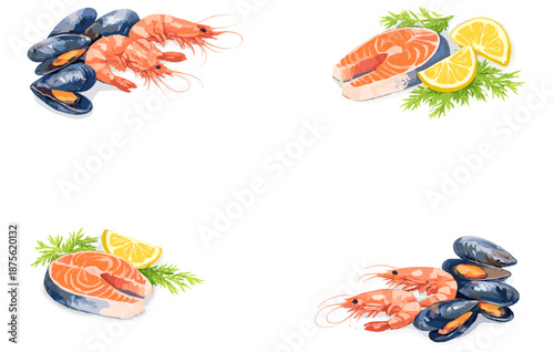 Seafood variety: shrimp, mussels, salmon steaks with lemon and dill