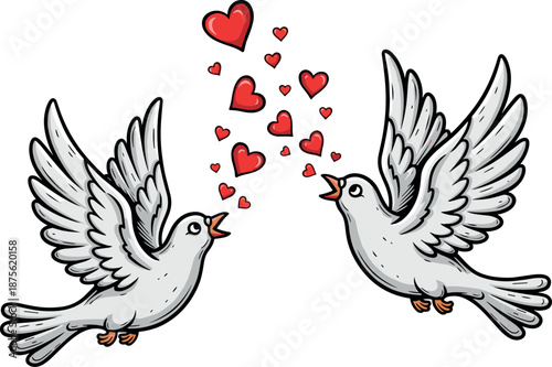 A pair of cartoon lovebirds exchanging hearts with a transparent background