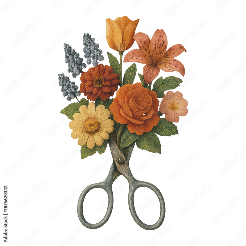 Naklejka premium PNG Vintage floral scissors illustration