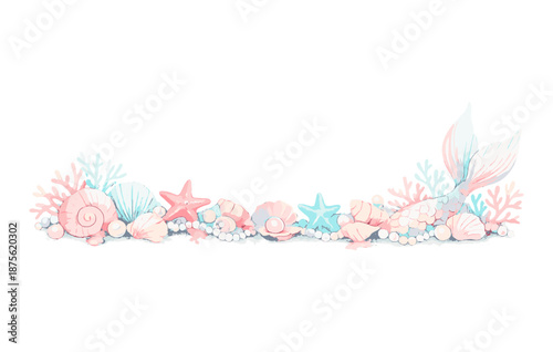 Pastel seashell and starfish arrangement with coral and mermaid tail