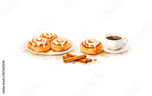 Cinnamon rolls with icing and coffee cup with cinnamon sticks