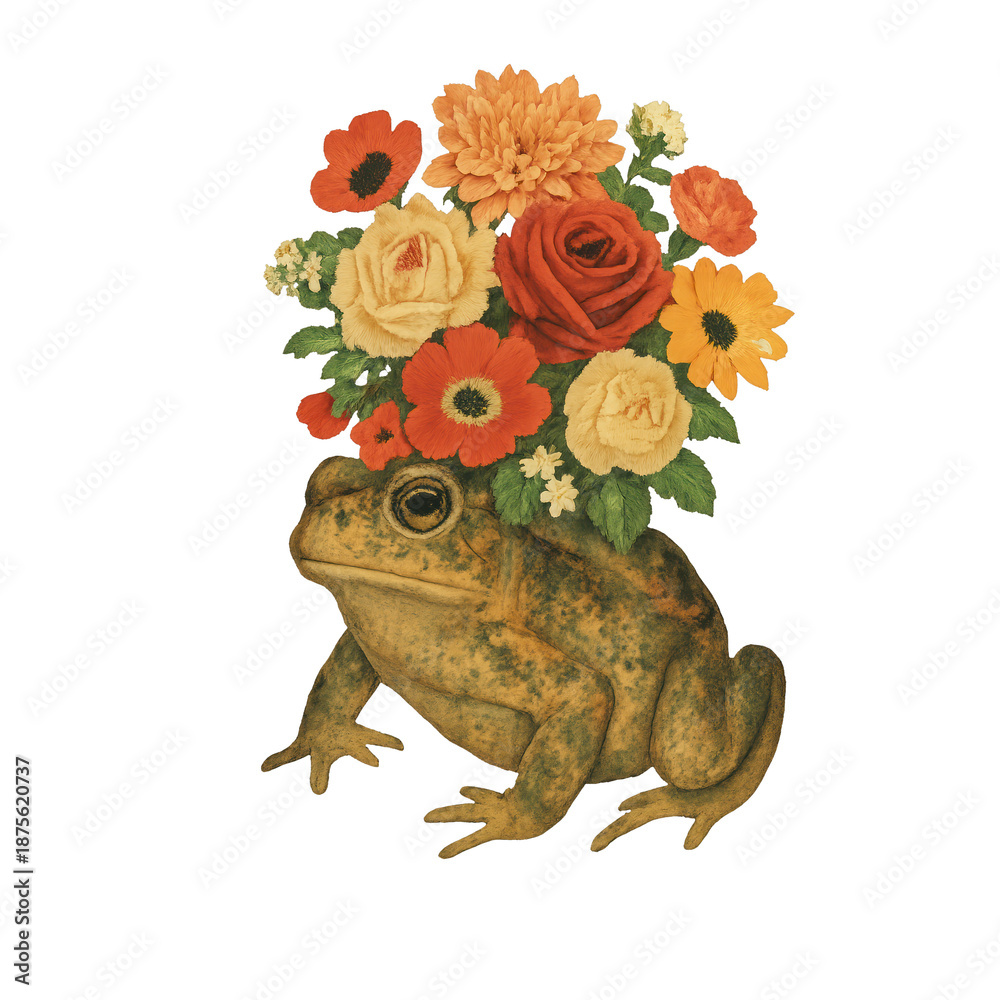 Fototapeta premium PNG Frog with vibrant floral crown