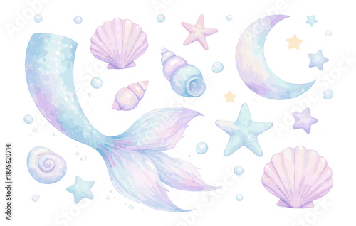 Pastel mermaid tail with seashells and stars in dreamy ocean theme