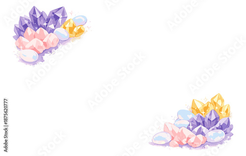 Colorful gemstone clusters with amethysts and quartz on white background