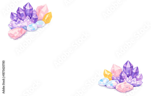 Colorful crystal and gemstone clusters on white background