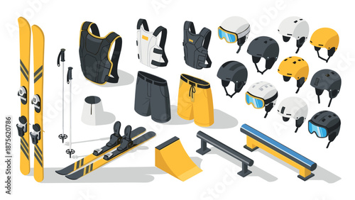 Winter sports gear collection in isometric style for active snow season adventures