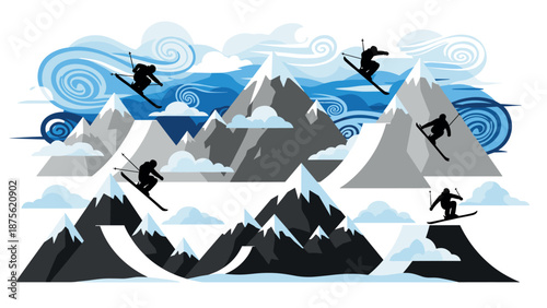 Dynamic winter adventure: skiers performing thrilling jumps in stylized mountain landscape