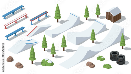Winter sports park: isometric snowboarding and skiing terrain with rails and trees