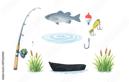 Fishing equipment and freshwater fish with rod and lure illustration