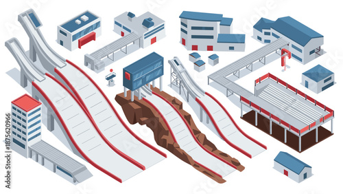 Winter sports complex with ski jumping ramps and buildings in isometric design