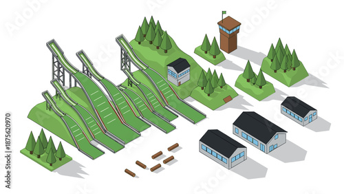 Isometric ski jump complex with buildings and greenery