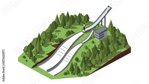 Isometric ski jumping hill with evergreen forest and winter sports enthusiast