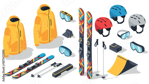 Winter sports gear and accessories in isometric style