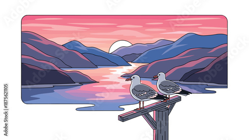 Serene sunset over mountain lake with seagulls on pier