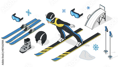 Isometric winter sports gear and ski jumper with equipment in bright style