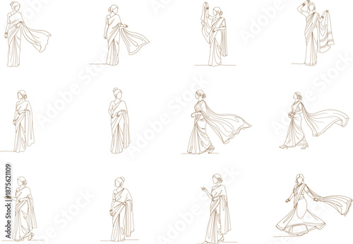 Illustrations of Women in Sarees Performing Dance Moves