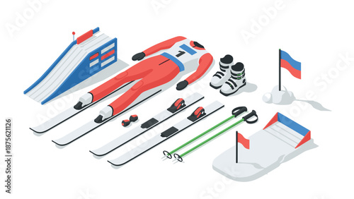 Winter sports essentials isometric design with ski equipment and slope elements