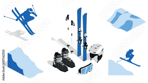 Winter sports adventure gear and skiing action in blue and white silhouette design
