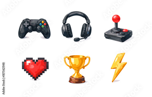 Gaming icons: controller, headset, joystick, heart, trophy, lightning bolt