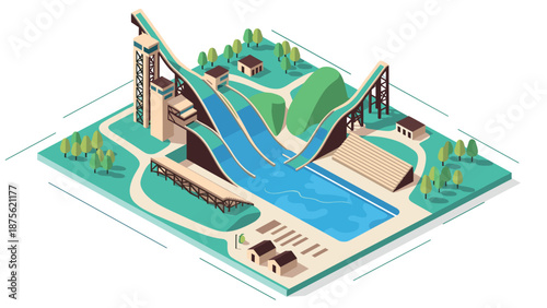 Isometric water park design with pools and slides in scenic landscape
