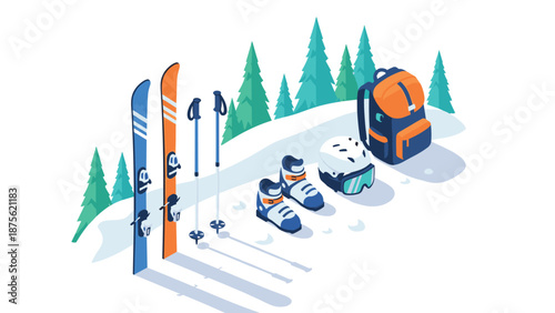 Isometric winter sports equipment set with skis and snowy mountain background