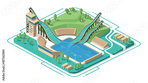 Modern isometric water park with scenic surroundings and slides