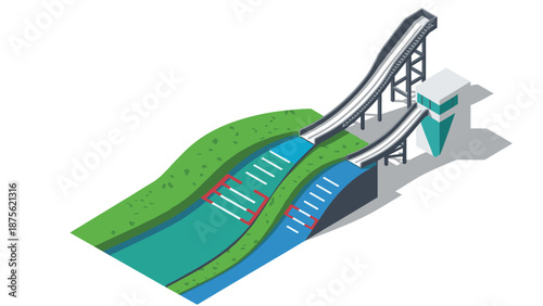 Isometric ski jump ramp with snowy hill and tower structure