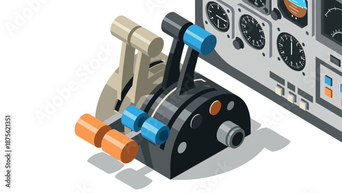 Isometric aircraft cockpit levers and gauges with detailed control panel