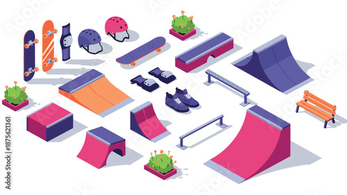 Isometric skate park equipment and accessories with ramps and rails in vibrant colors
