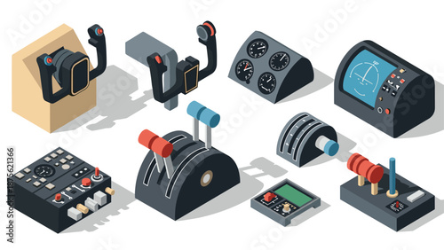 Vintage airplane cockpit controls 3d isometric design featuring levers and gauges