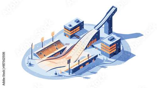 Isometric winter ski jump arena with snow-covered buildings and stands