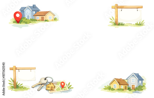 Cozy suburban homes with key and location icon in a peaceful neighborhood setting