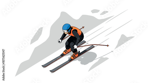 Isometric skier in motion on snowy slope with shadow effect