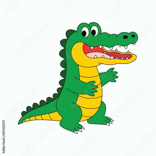 Cartoon green alligator with yellow belly and sharp teeth animal vector illustration isolated on white background.