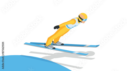 Isometric ski jumper in mid-air with shadow on white background