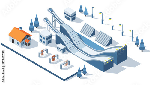 Winter sports venue with ski jumping ramps in isometric style
