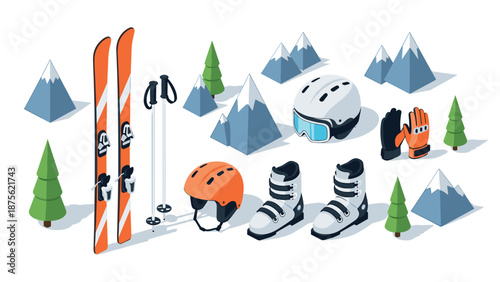 Isometric winter sports gear and alpine landscape set against snowy mountain backdrop