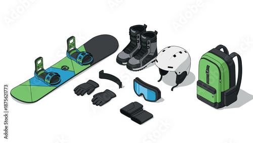Essential snowboarding gear: isometric design of snowboard, boots, and accessories