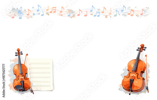 Colorful musical border with violins and sheet music on white background