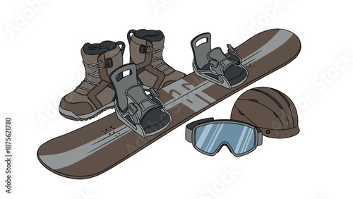 Snowboarding gear set with boots, helmet, and goggles in flat style