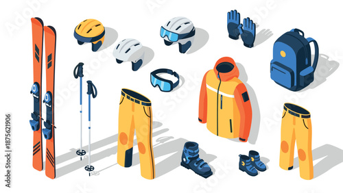 Essential skiing equipment in modern isometric style for winter sports enthusiasts