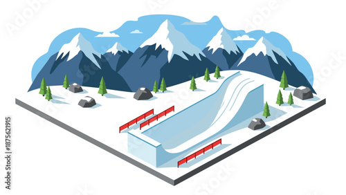 Winter sports half-pipe in snowy mountain landscape with blue sky