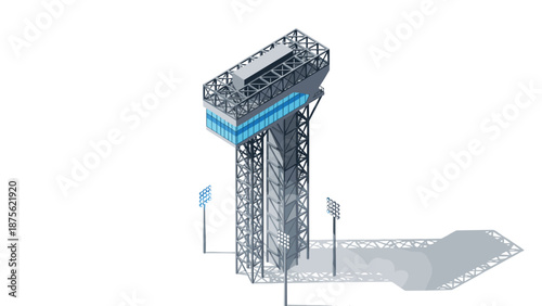 Isometric ski jump tower with steel framework and modern design