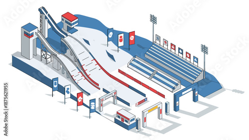 Isometric winter ski jumping arena with stands and flags